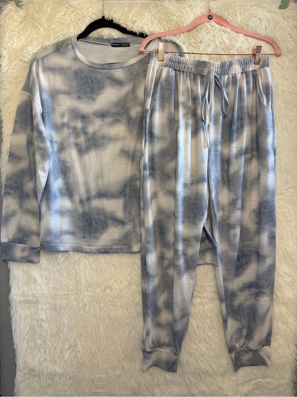 Dreimp Womens Tie-Dye Loungewear Set Size L Blue White Cloudcore Cozy Vibes